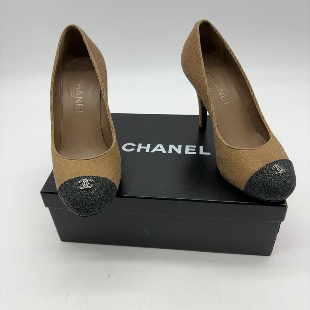 CHANEL Beige/Black Glitter Toe Pumps